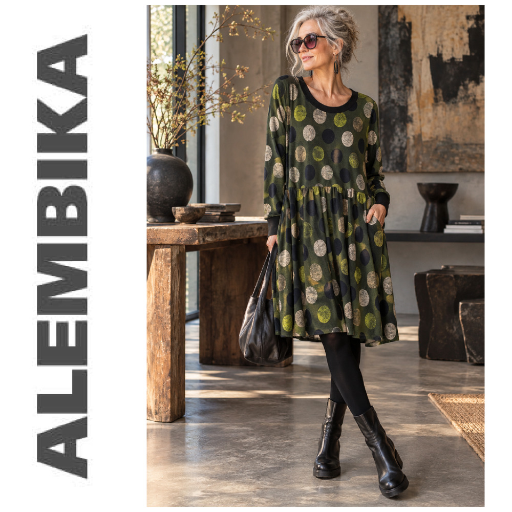 Alembika Sz 2 US 8-10 Green Polka Dot Dress Art to Wear Lagenlook Avant Garde